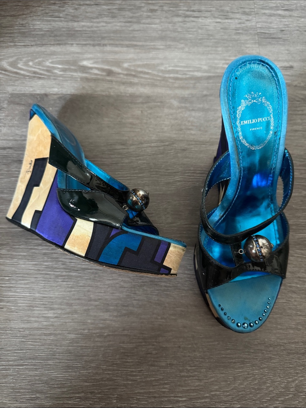 Vintage Emilio Pucci Blue, White, and Purple Printed Wedge Sandals